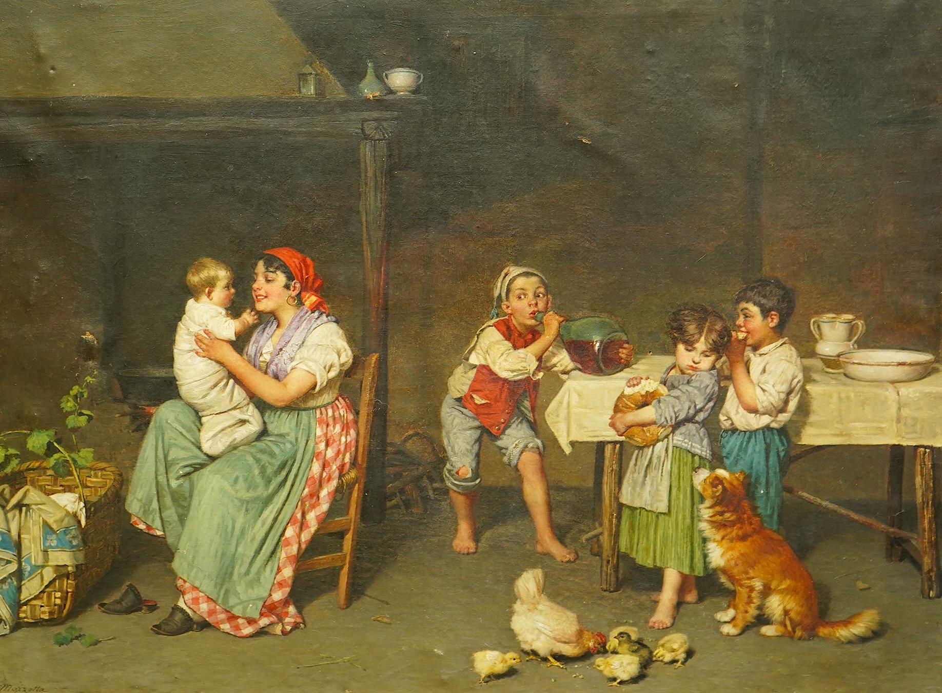 Federico Mazzotta (Italian, 1839-1897), Interior with mother and children, dog and chickens, oil on canvas, 46 x 61cm